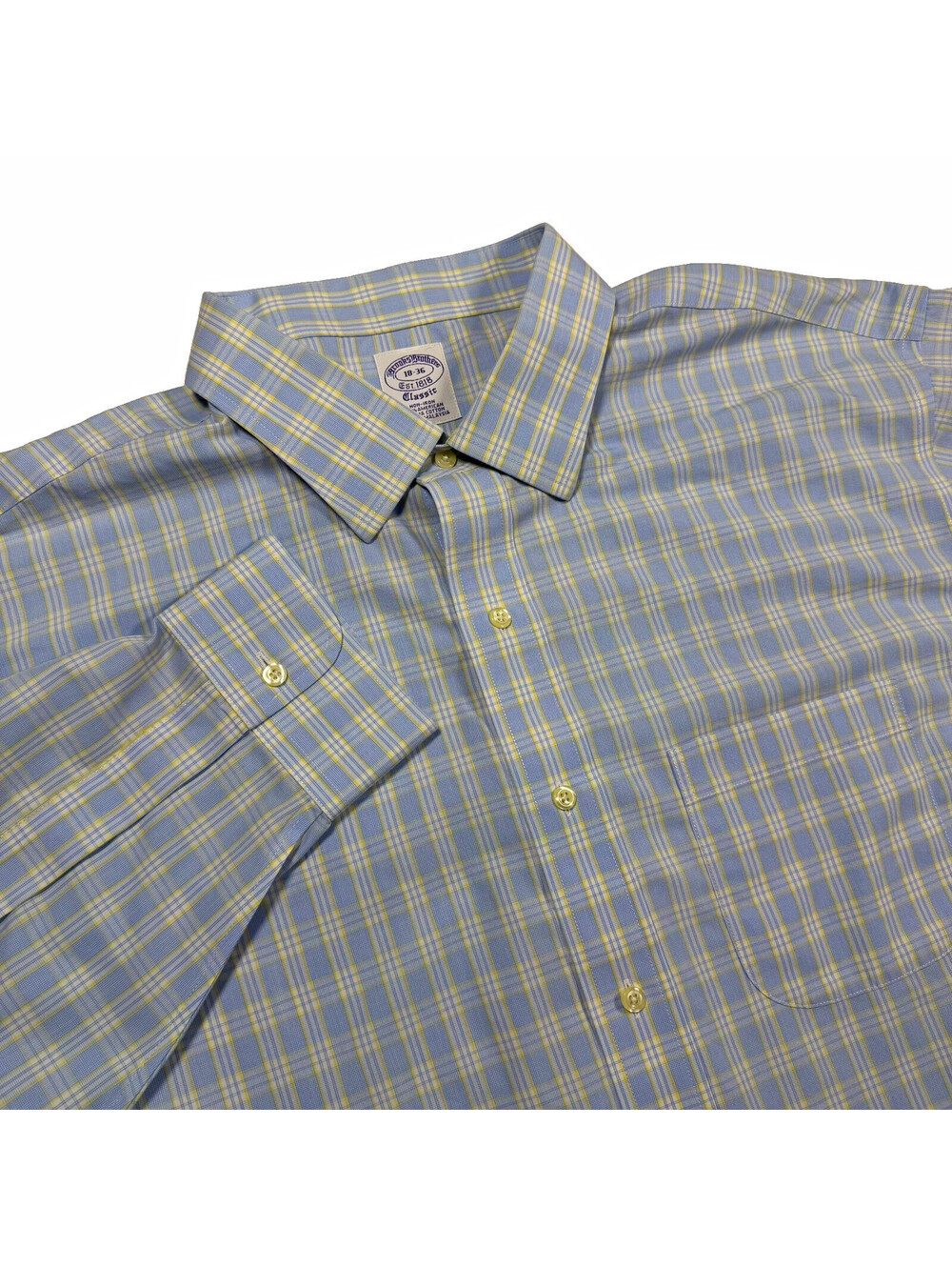Brooks Brothers Classic Fit Non-Iron Cotton Plaid Dress Shirt 18-36 Blue/Yellow